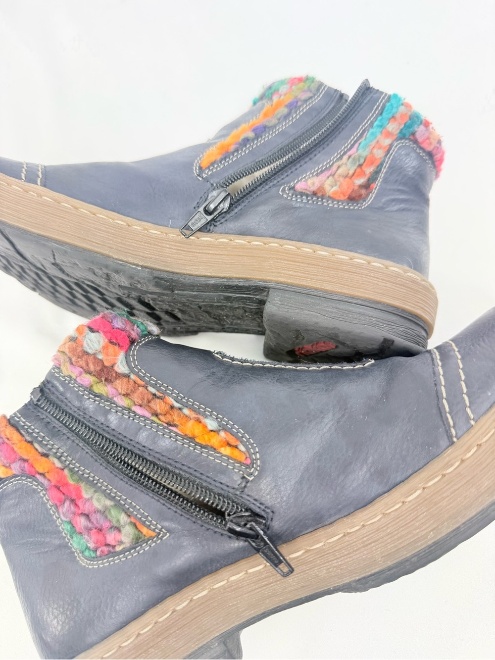 Rieker FELICITAS Ocean Blue Leather Multicolor Yarn Wool Fleece Zip Ankle Boots - Picture 10 of 16